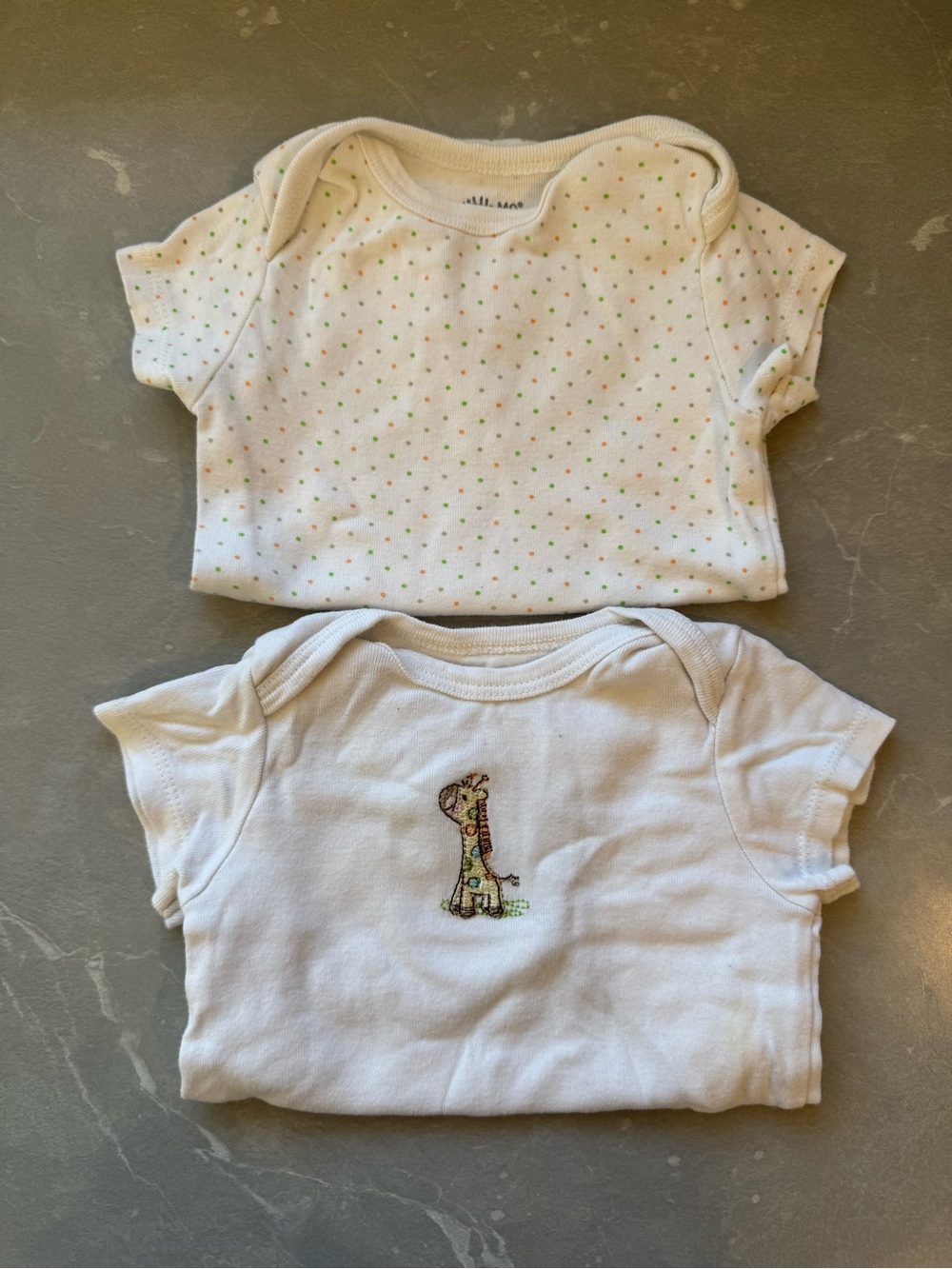 Baby Short-Sleeve Onesie Set in White with Polka Dots and Giraffe Embroidery